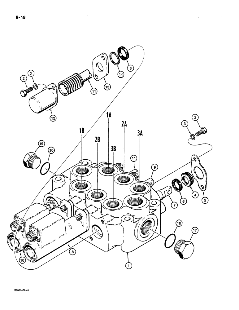 Схема запчастей Case W14C - (8-18) - LOADER CONTROL VALVE - THREE SPOOL (08) - HYDRAULICS