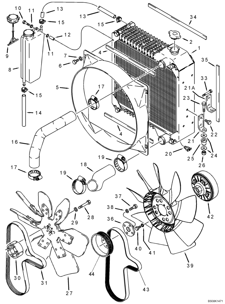 Схема запчастей Case 580SL - (2-002) - RADIATOR, FAN AND MOUNTING PARTS USED WITH 291288A1 HEAVY DUTY OIL COOLER (02) - ENGINE