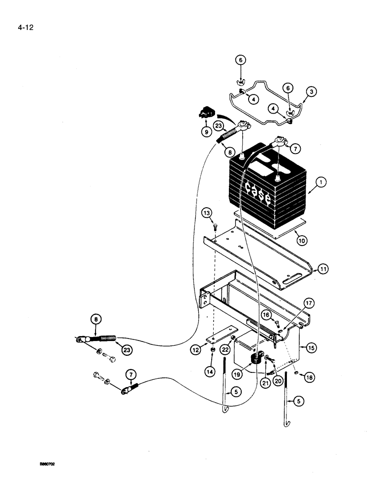 Схема запчастей Case 360 - (4-12) - BATTERY, MOUNTING, AND CABLES - WISCONSIN GASOLINE ENGINE MODELS (04) - ELECTRICAL SYSTEMS