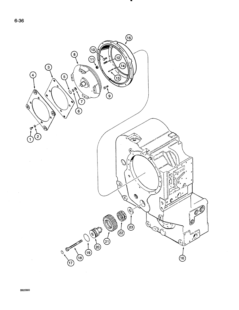 Схема запчастей Case 821 - (6-036) - TRANSMISSION ASSEMBLY IDLER GEAR CONVERTER AND COVER P.I.N. JAK0024165 AND AFTER (06) - POWER TRAIN