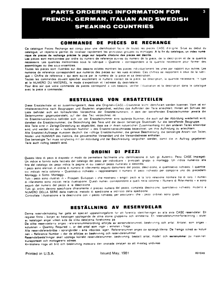 Схема запчастей Case 850B - (003) - PARTS ORDERING INFORMATION FOR FRENCH, GERMAN, ITALIAN, AND SWEDISH SPEAKING COUNTRIES (00) - GENERAL