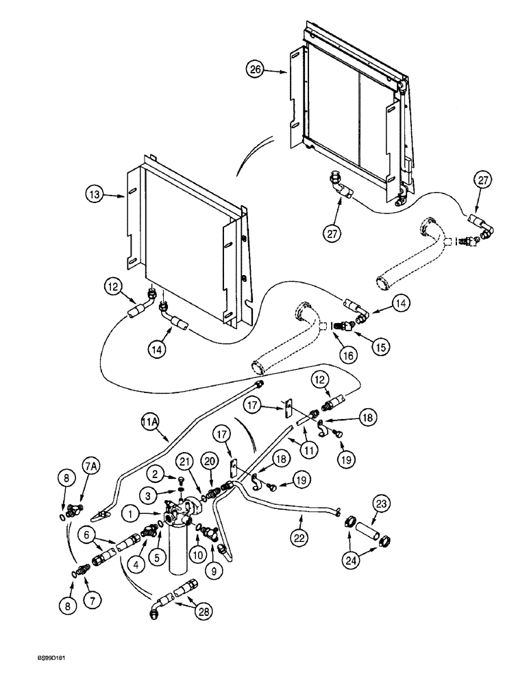 Схема запчастей Case 580L - (8-008) - EQUIPMENT HYDRAULIC SYSTEM, OIL COOLER LINES, RETURN LINES AND FILTER(W/FLARED FITTINGS AT COOLER (08) - HYDRAULICS
