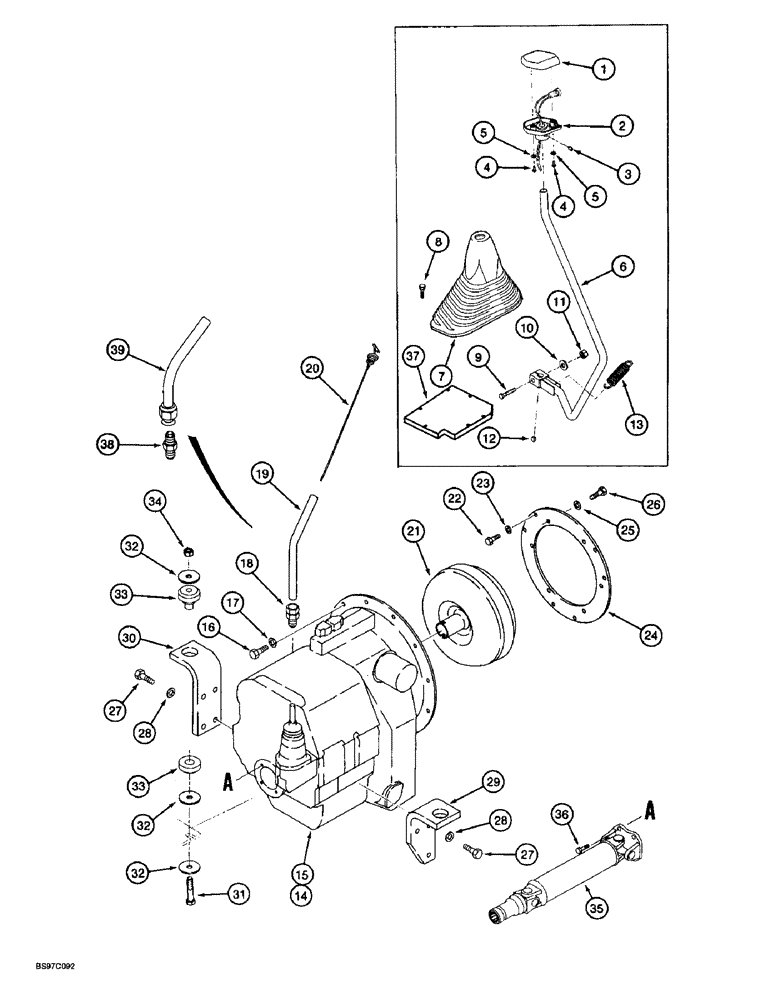 Схема запчастей Case 580L - (6-022) - TRANSMISSION MOUNTING, DRIVE SHAFT, DIPSTICK, AND GEAR SHIFT LEVER (06) - POWER TRAIN