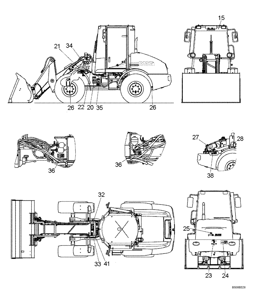 Схема запчастей Case 121E - (91.007[6559877000]) - DECALS CASE (N.A) LOCATION 1 OF 2 (90) - PLATFORM, CAB, BODYWORK AND DECALS