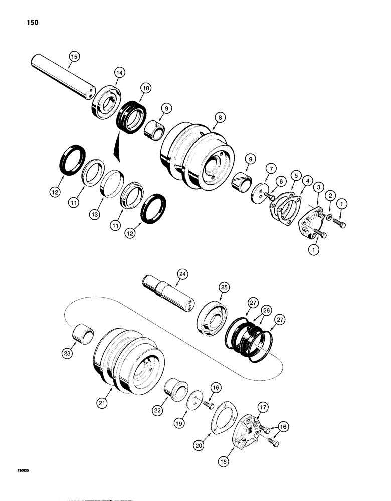 Схема запчастей Case 1155D - (150) - CARRIER ROLLER, R25680 TRACK CARRIER ROLLER, FOR I.D. SEE ITEM 3 OF ILLUSTRATION (11) - TRACKS/STEERING