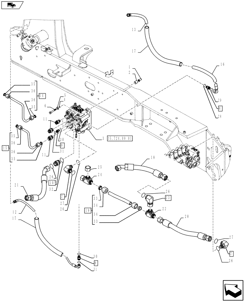 Схема запчастей Case 580SN - (35.701.24) - HYDRAULICS - VALVE, LOADER CONTROL - 2 SPOOL VALVE PILOT CONTROLS (35) - HYDRAULIC SYSTEMS