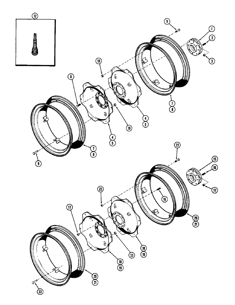 Схема запчастей Case 580 - (121C) - DUAL REAR WHEEL, 1ST USED TRAC. SER. NO. 8325289, USED PRIOR TO TRAC. S/N. 8325289 (44) - WHEELS