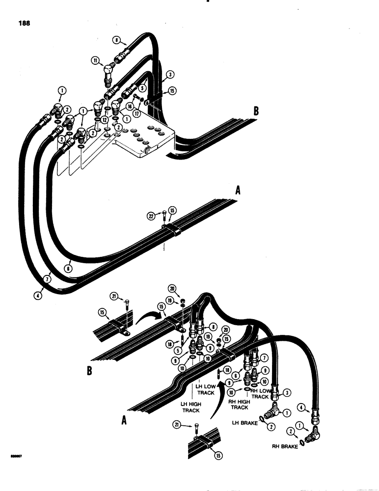 Схема запчастей Case 1150C - (188) - TRANSMISSION HYDRAULIC CIRCUITS, VALVE TO FRONT OF TRANSMISSION (06) - POWER TRAIN