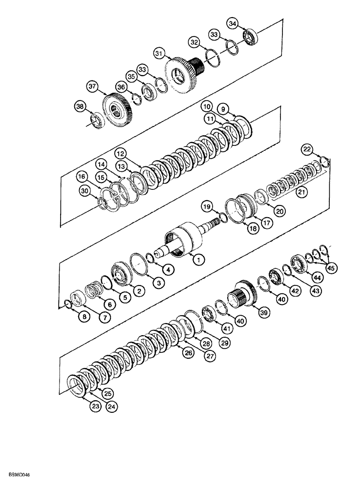Схема запчастей Case 580SL - (6-102) - CLARK POWERSHIFT TRANSMISSION ASSEMBLY, CLUTCH AND PINIONS, FIRST GEAR, REVERSE DRIVE (06) - POWER TRAIN