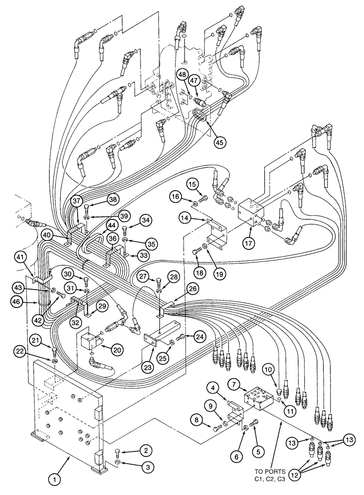 Схема запчастей Case 9050B - (8-024) - CONTROL COMPONENT MOUNTING AND HOSE SUPPORTS, BATTERY COMPARTMENT (08) - HYDRAULICS