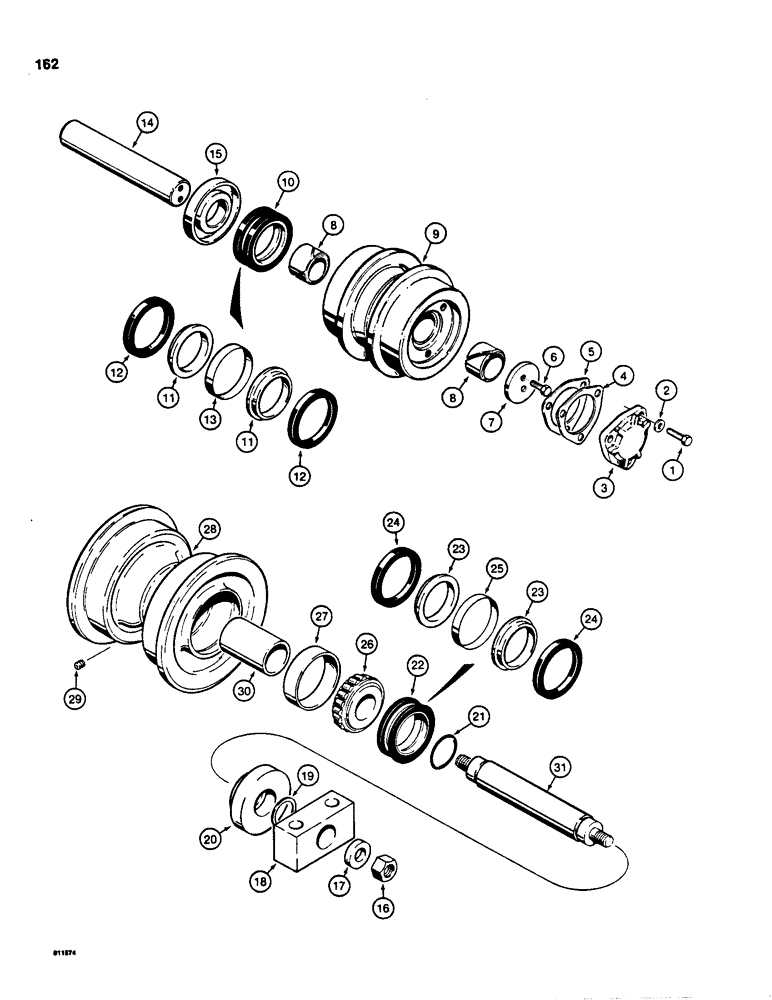 Схема запчастей Case 855C - (162) - D48684 TRACK CARRIER ROLLER, FOR IDENTIFICATION - SEE ITEM 3 OF ILLUSTRATION (04) - UNDERCARRIAGE