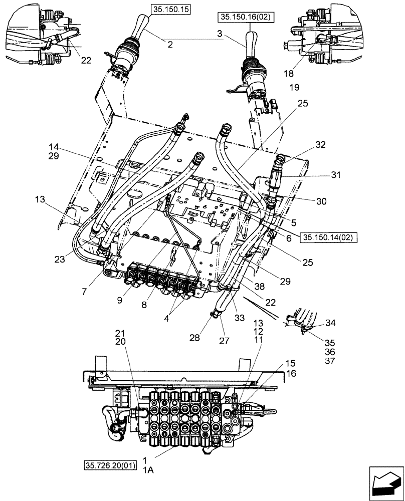 Схема запчастей Case 580SM - (35.726.04[02]) - HYDRAULICS - VALVE, PILOT CONTROL AND JOYSTICKS (7 SPOOL, W/ EXT DIPPER, W/O AUX HYDS) (580SM+) (35) - HYDRAULIC SYSTEMS