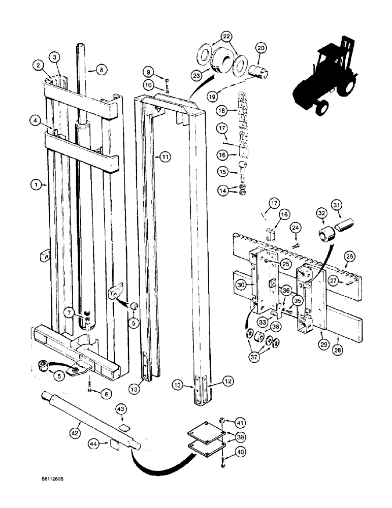 Схема запчастей Case 586E - (9-080) - 3.6 M (12 FOOT) MAST FOR 586E, MODELS WITH SINGLE LIFT CYLINDER (09) - CHASSIS/ATTACHMENTS