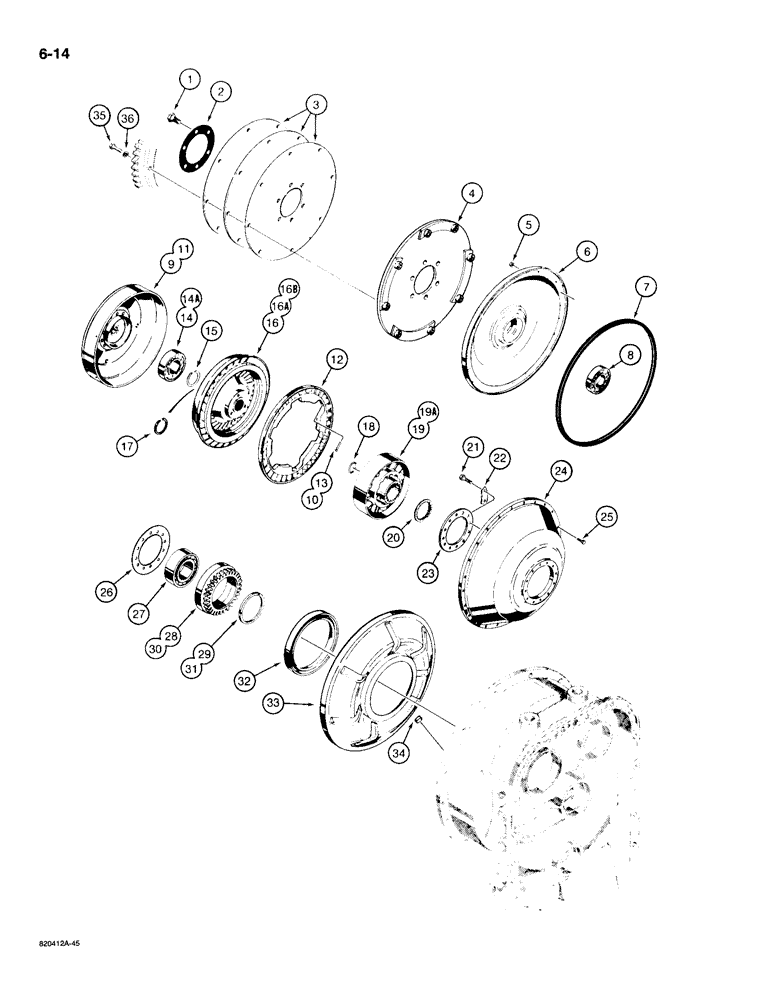 Схема запчастей Case W20C - (6-14) - TRANSMISSION, FRONT COVER, INPUT SHAFT, AND TORQUE CONVERTER (06) - POWER TRAIN