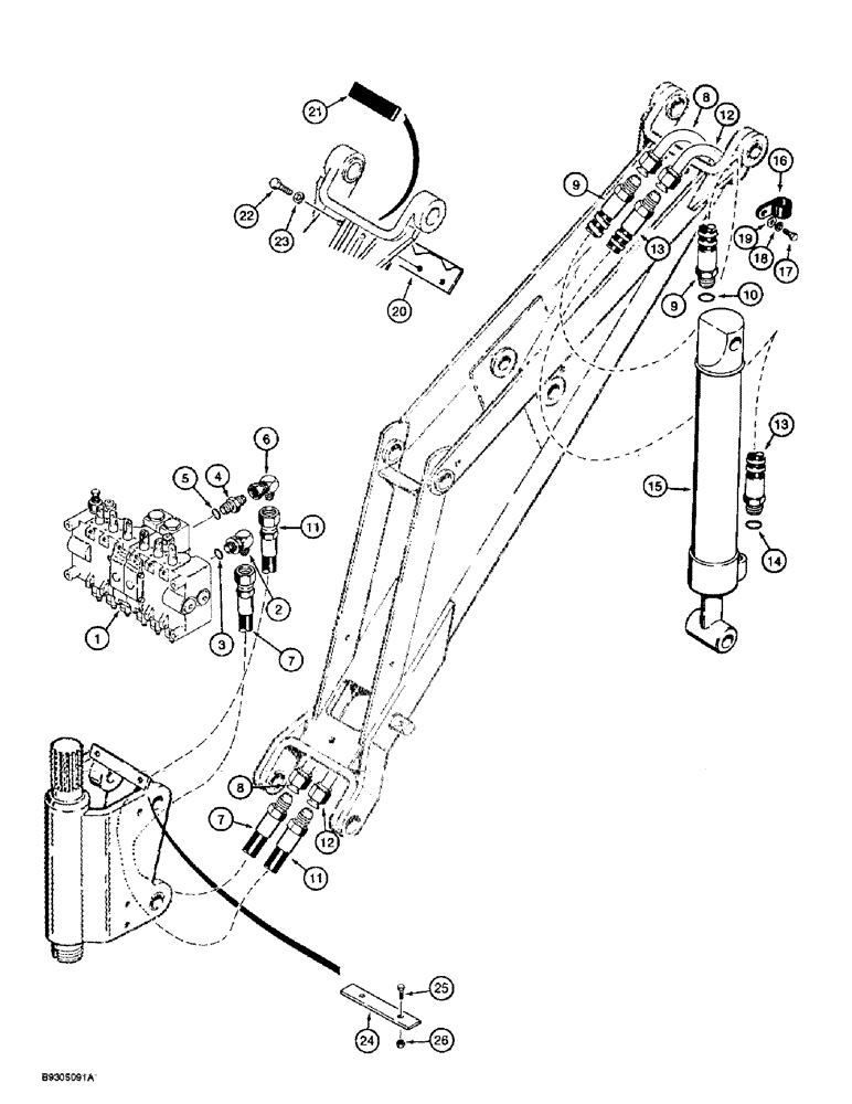 Схема запчастей Case 560 - (8-054) - BACKHOE BUCKET CYLINDER HYDRAULIC CIRCUIT, D100 BACKHOE (08) - HYDRAULICS