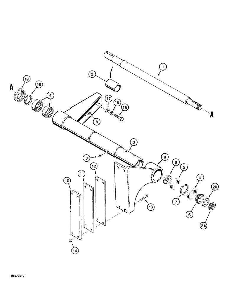Схема запчастей Case TF300 - (9-22) - FLUSH DIGGER BOOM MOUNTING AND SHAFT, USED WITH ONE PIECE (09) - CHASSIS/ATTACHMENTS