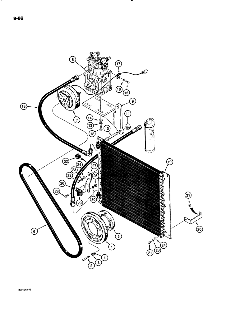 Схема запчастей Case W20C - (9-086) - AIR CONDITIONING LINES AND COMPRESSOR MOUNTING, FOR RADIATOR MOUNTED CONDENSER (09) - CHASSIS/ATTACHMENTS
