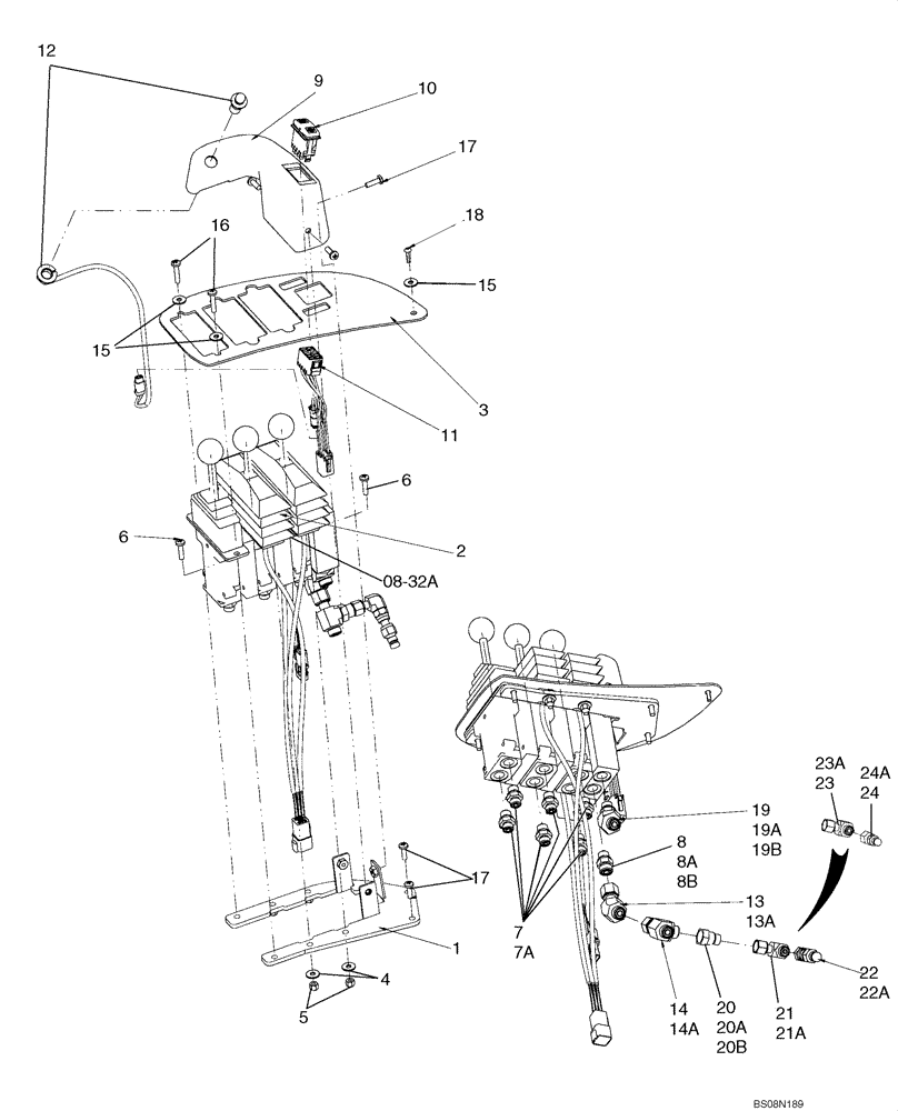 Схема запчастей Case 521E - (08-32) - LOADER CONTROL - THREE LEVER MOUNTING (08) - HYDRAULICS