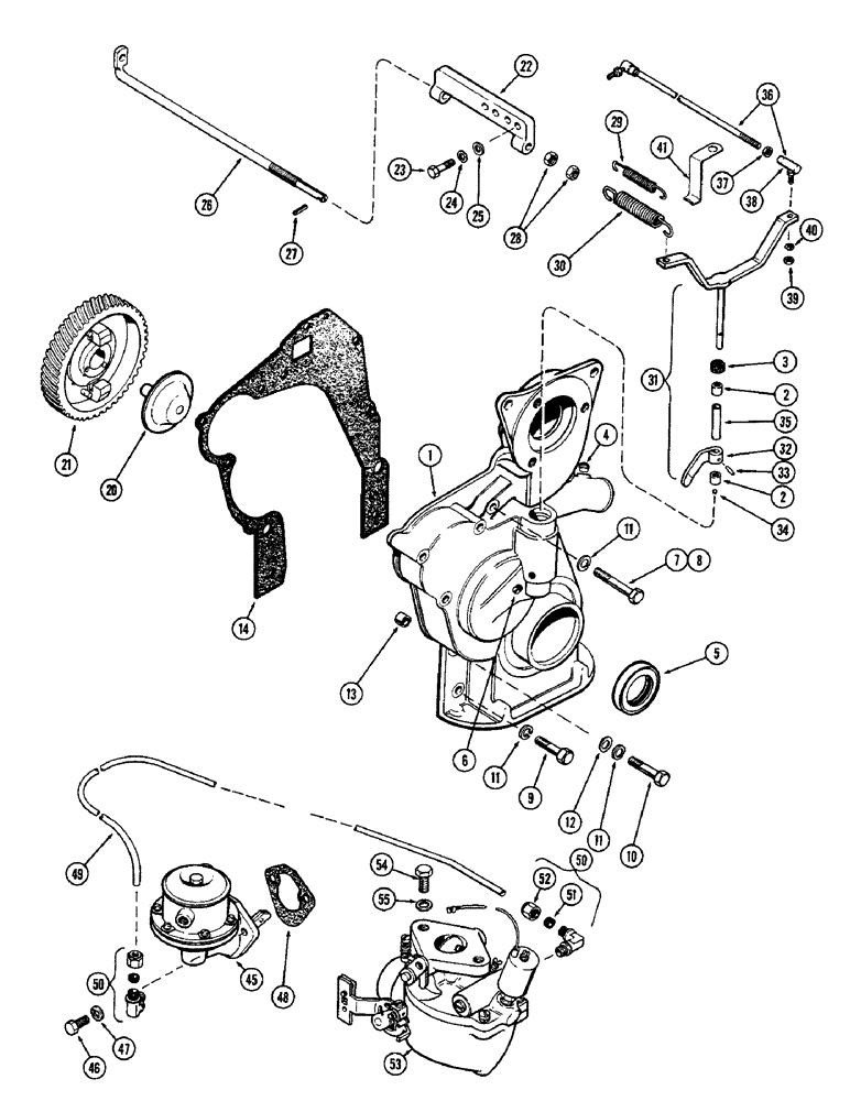 Схема запчастей Case 310G - (042) - GOVERNOR AND TIMING GEAR COVER, (148B) SPARK IGNITION ENGINE (01) - ENGINE