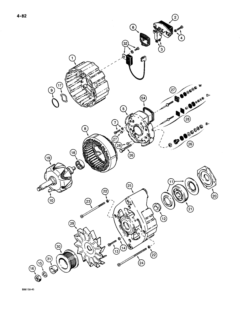 Схема запчастей Case W36 - (4-082) - ALTERNATOR ASSEMBLY, 45 AMPERE - 24 VOLT (04) - ELECTRICAL SYSTEMS