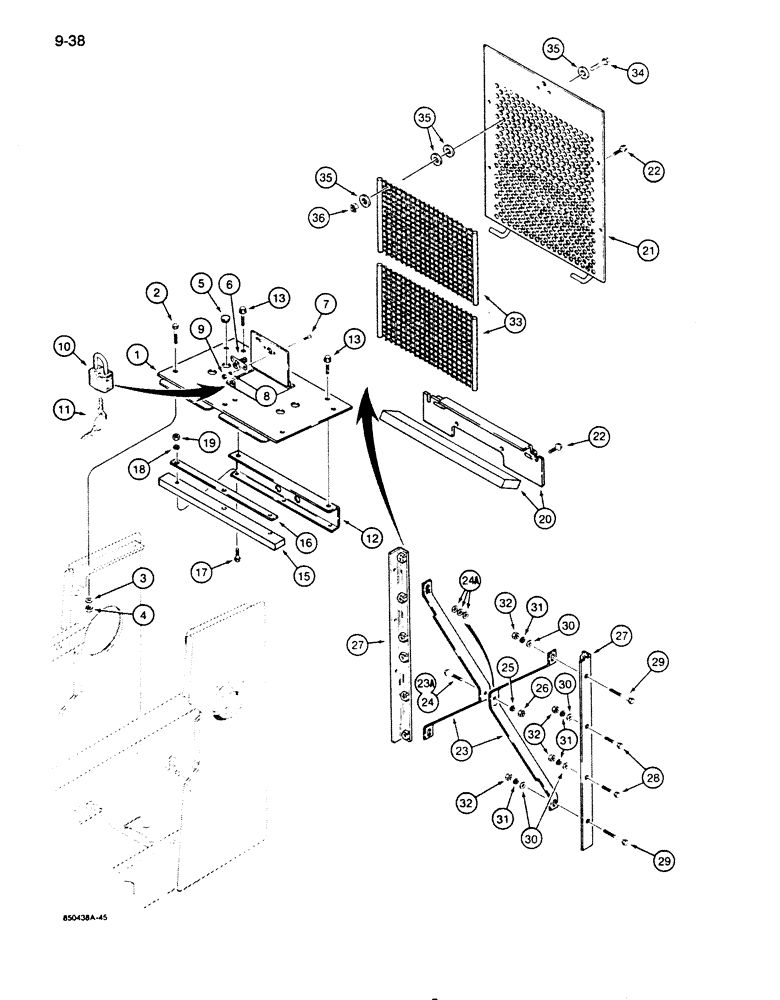 Схема запчастей Case 855D - (9-038) - RADIATOR GUARDS, GRILLE, AND SCREENS (09) - CHASSIS/ATTACHMENTS