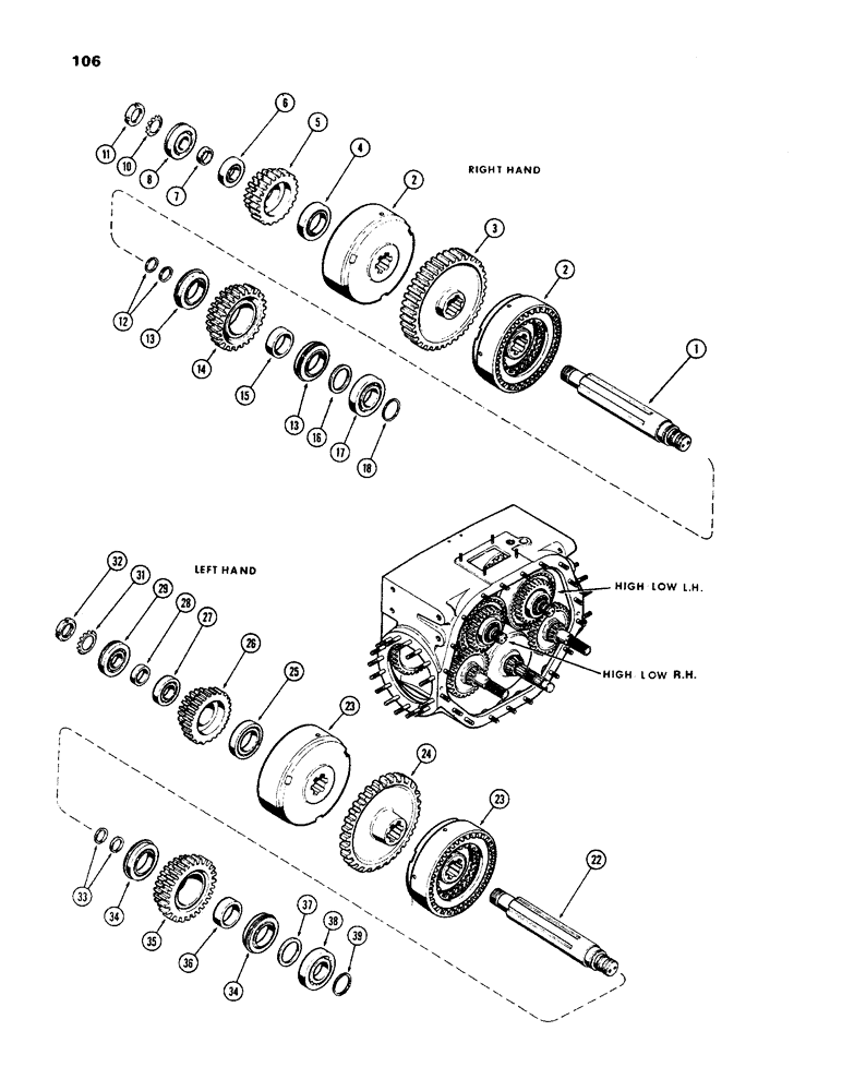 Схема запчастей Case 450 - (106) - HIGH-LOW CLUTCH SHAFTS, WITH CONSTANT RUNNING P.T.O., R.H. (03) - TRANSMISSION