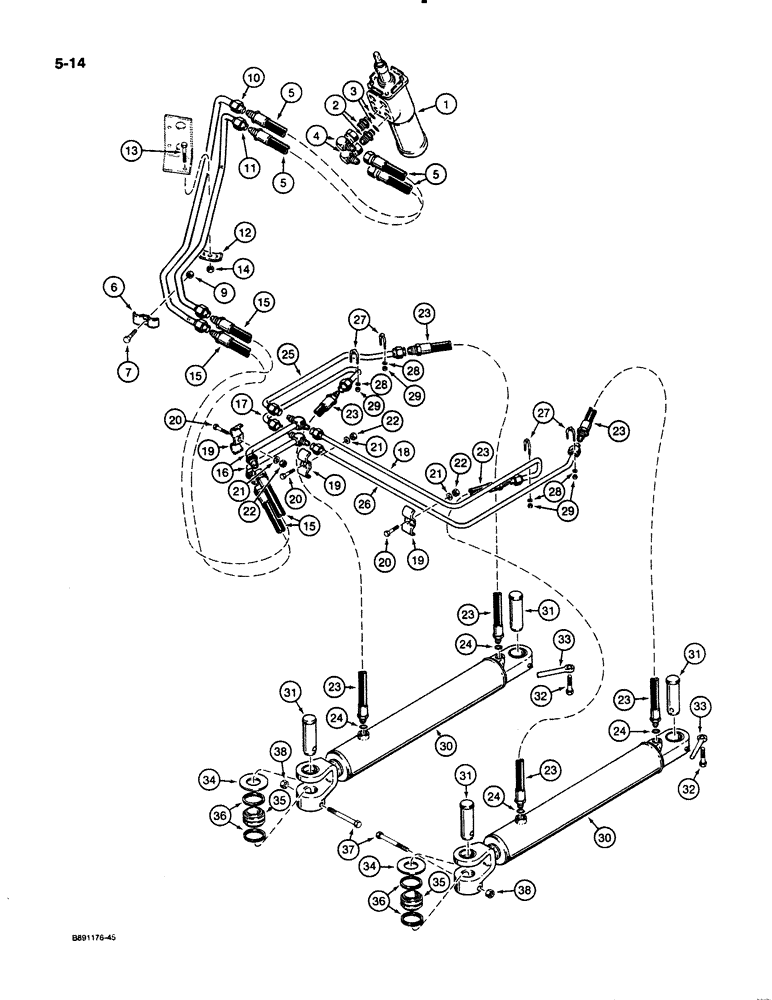 Схема запчастей Case 621 - (5-14) - STEERING HYDRAULIC CIRCUIT, CONTROL VALVE TO CYLINDERS, P.I.N. JAK0020901 AND AFTER (05) - STEERING