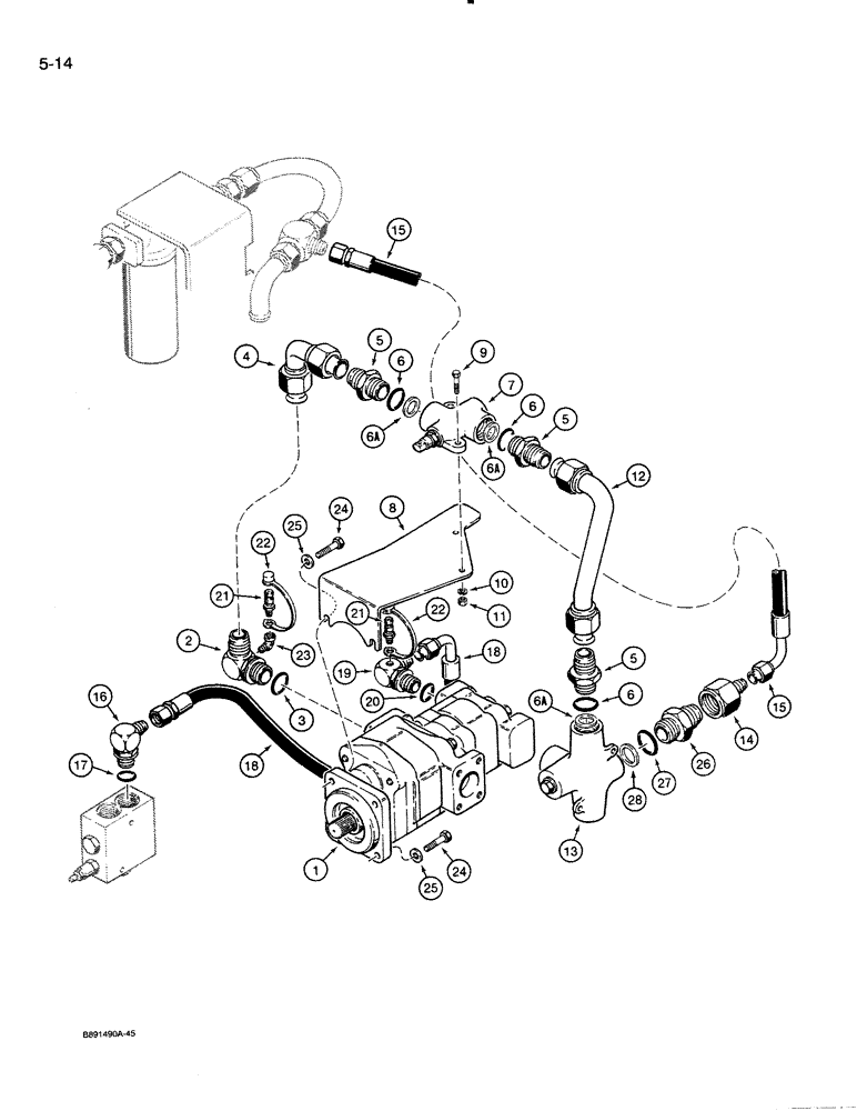 Схема запчастей Case 821 - (5-014) - AUXILIARY STEERING HYDRAULIC CIRCUIT EQUIPMENT PUMP TO AUXILIARY STEERING VALVE AND UNLOADING VALVE (05) - STEERING
