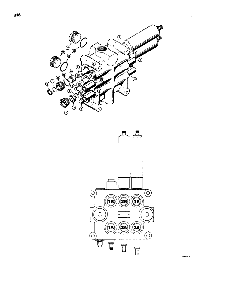 Схема запчастей Case W18 - (318) - L57679 LOADER CONTROL VALVE (3 SPOOL), L70411 LOADER CONTROL (08) - HYDRAULICS