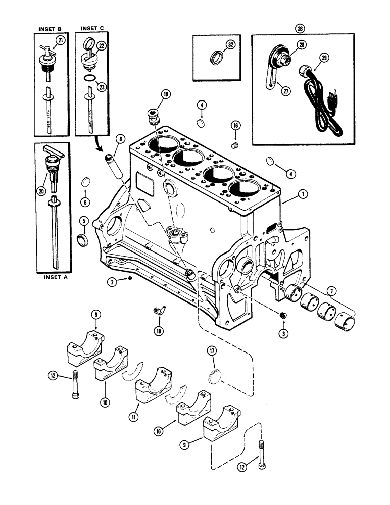 Схема запчастей Case 825 - (032) - CYLINDER BLOCK, (336BD) AND (336BDT) DIESEL ENGINES (01) - ENGINE