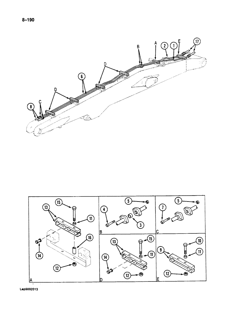 Схема запчастей Case 125B - (8-190) - REHANDLING BOOM HYDRAULIC CIRCUIT, IF USED, TUBES AT BOOM, CLAMSHELL SWING FEED (08) - HYDRAULICS