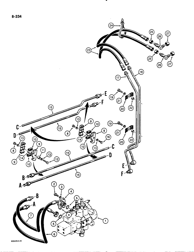 Схема запчастей Case 1450B - (8-334) - DOZER TILT HYDRAULIC CIRCUIT, ALL DOZER MODEL EXCEPT ANGLE TILT PITCH MODELS CONTROL VALVE TO SHROUD (08) - HYDRAULICS