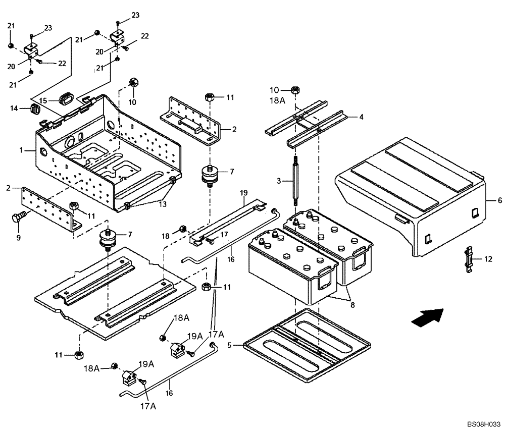 Схема запчастей Case 327B - (62A00000587[001]) - BATTERY AND BATTERY BOX INSTAL (87581771) (13) - Electrical System / Decals