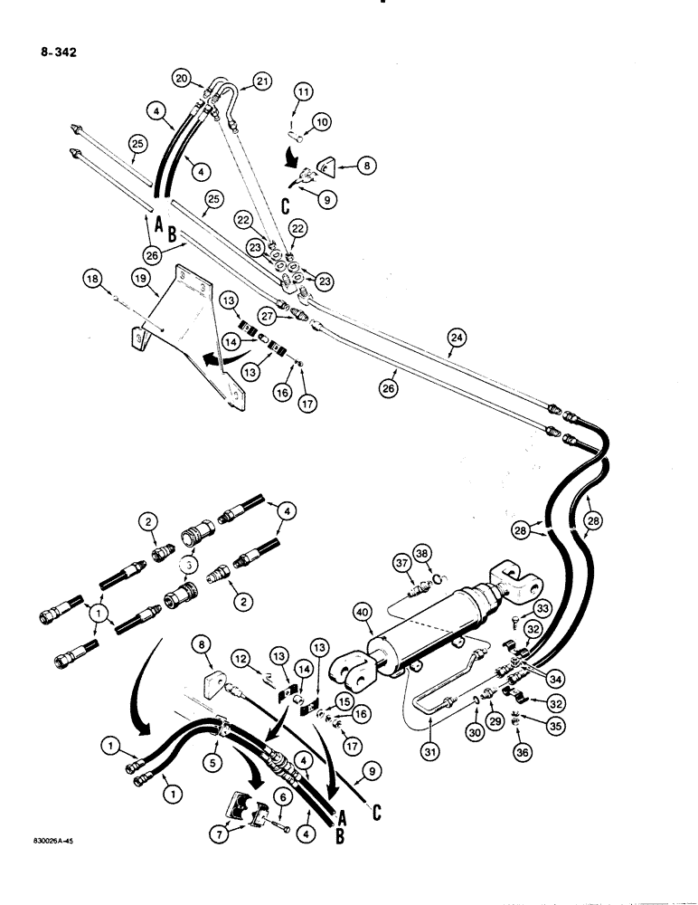 Схема запчастей Case 1450B - (8-342) - OPTIONAL DZER TILT HYD CIRT FOR, MECHANICAL ANGLE DZER MODELS, SHROUD TO CYL, TUBES ON BACK OF BLADE (08) - HYDRAULICS