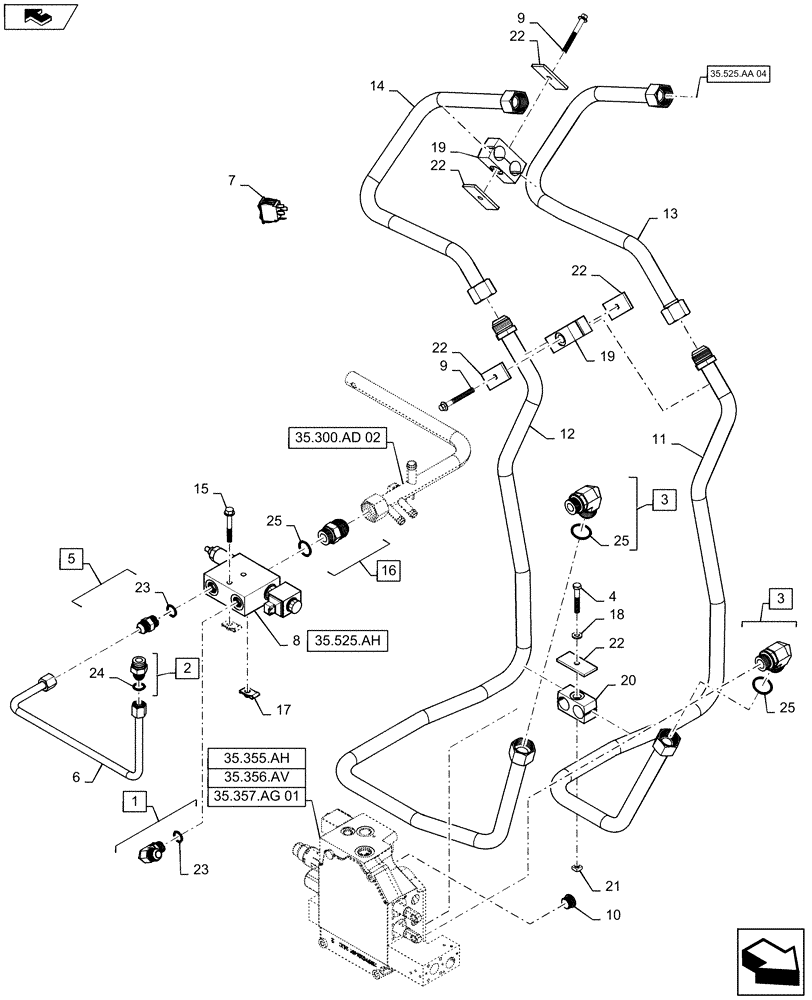 Схема запчастей Case SV250 - (35.525.AA[03]) - AUXILIARY CHASSIS PLUMBING, HIGH FLOW (35) - HYDRAULIC SYSTEMS