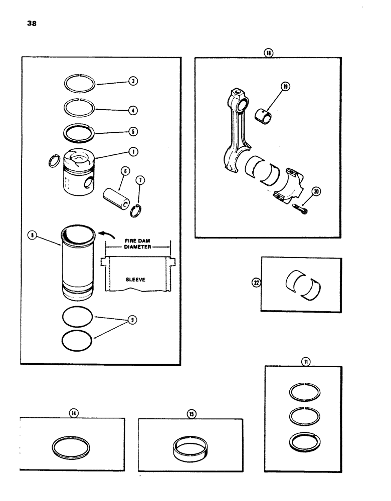 Схема запчастей Case 850B - (038) - PISTONS AND SLEEVES, WITH 5.092" TO 5.097" FIRE DAM DIAMETER SLEEVE 336BD & 336BDT DIESEL ENGINE (01) - ENGINE