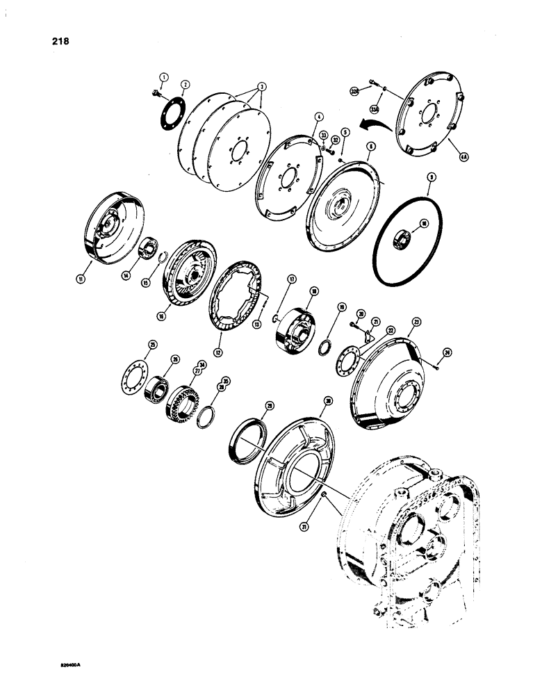 Схема запчастей Case W24C - (218) - TRANSMISSION, FRONT COVER, INPUT SHAFT, AND TORQUE CONVERTER (06) - POWER TRAIN