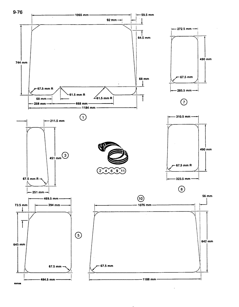 Схема запчастей Case 855D - (9-076) - CAB GLASS, METRIC DIMENSIONS (09) - CHASSIS/ATTACHMENTS