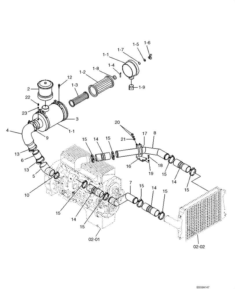 Схема запчастей Case 1221E - (02-07[01]) - AIR INTAKE SYSTEM (87700425) (02) - ENGINE