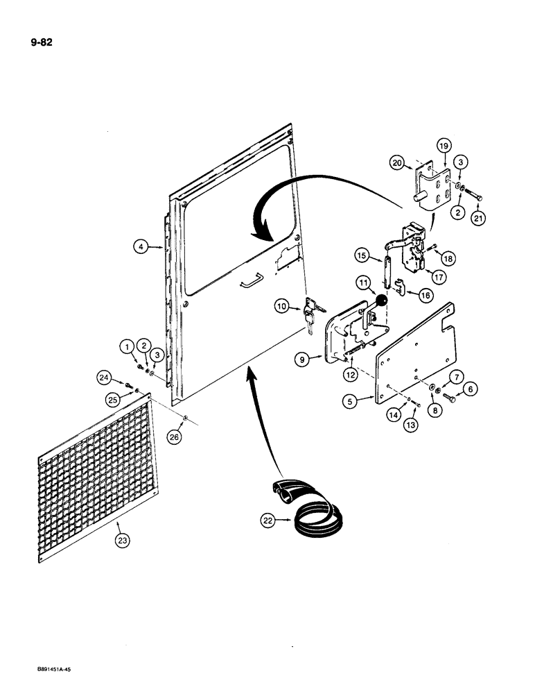 Схема запчастей Case 1085C - (9-082) - MATERIAL HANDLING CAB, DOOR, LATCH AND WINDOW GUARD (09) - CHASSIS/ATTACHMENTS