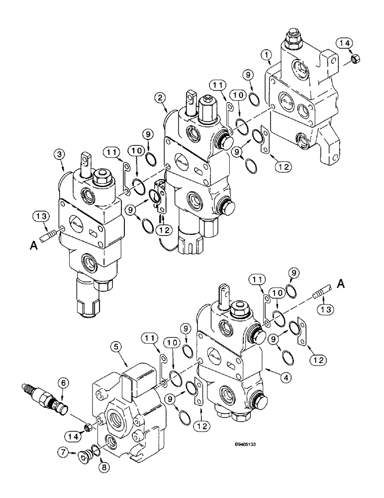 Схема запчастей Case 580L - (8-072) - LOADER CONTROL VALVE, THREE SPOOL, WITH MALE TYPE SPOOL EYES (08) - HYDRAULICS