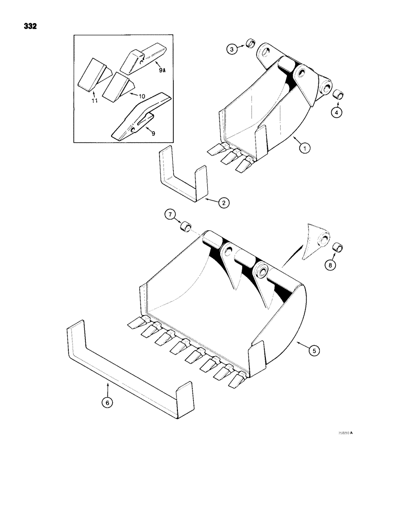 Схема запчастей Case 680H - (332) - BACKHOE BUCKETS, BELLHOLE BUCKETS, COMBINATION BELLHOLE AND (09) - CHASSIS/ATTACHMENTS