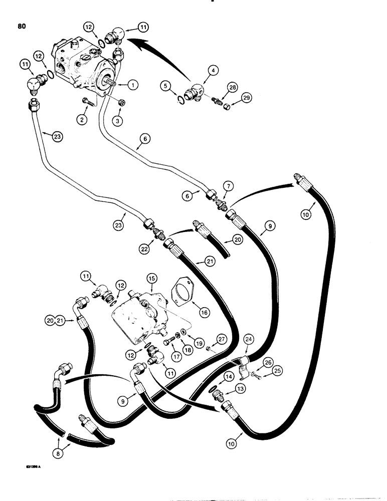 Схема запчастей Case P60 - (080) - HYDROSTATIC PROPULSION PUMP TO MOTOR PRESSURE CIRCUIT, USED ON 30+4 SERIAL NUMBER 1139802 AND AFTER (29) - HYDROSTATIC DRIVE