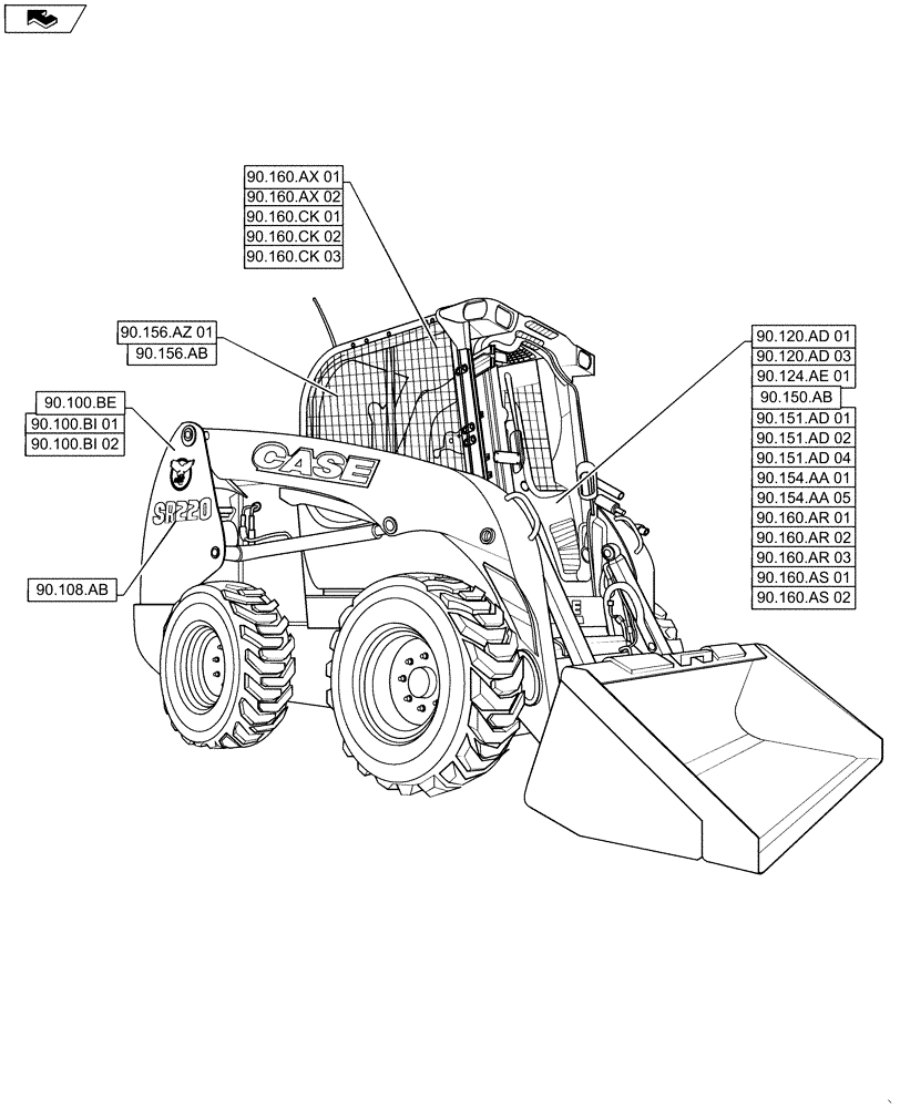 Схема запчастей Case SR220 - (90.000.00) - PICTORIAL INDEX - PLATFORM, CAB, BODYWORK AND DECALS (90) - PLATFORM, CAB, BODYWORK AND DECALS
