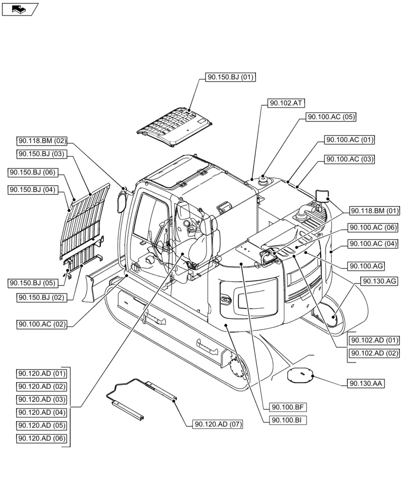 Схема запчастей Case CX75C SR - (90.000.00[02]) - SECTION INDEX - PLATFORM, CAB, BODYWORK AND DECALS (90) - PLATFORM, CAB, BODYWORK AND DECALS
