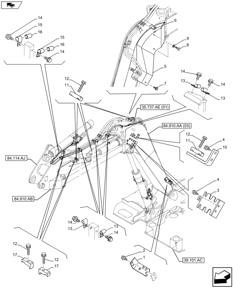 Схема запчастей Case CX75C SR - (35.737.AE[05]) - VAR - 461559, 461025, 481064 - DIPPER CYLINDER LINE (35) - HYDRAULIC SYSTEMS