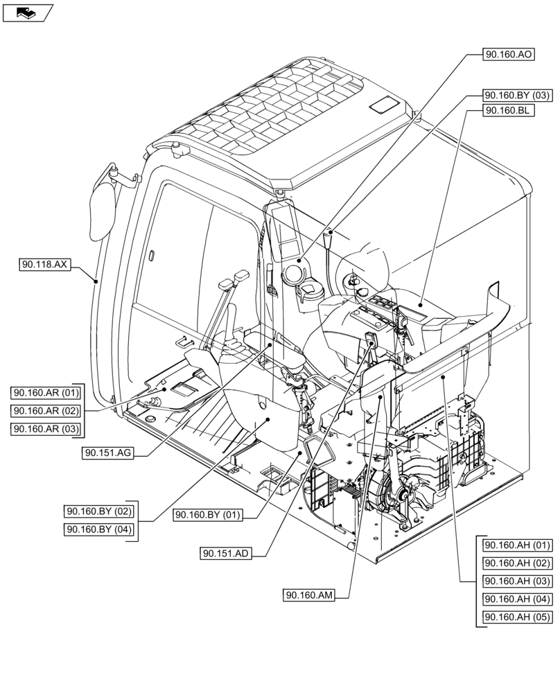Схема запчастей Case CX75C SR - (90.000.00[04]) - SECTION INDEX - PLATFORM, CAB, BODYWORK AND DECALS (90) - PLATFORM, CAB, BODYWORK AND DECALS