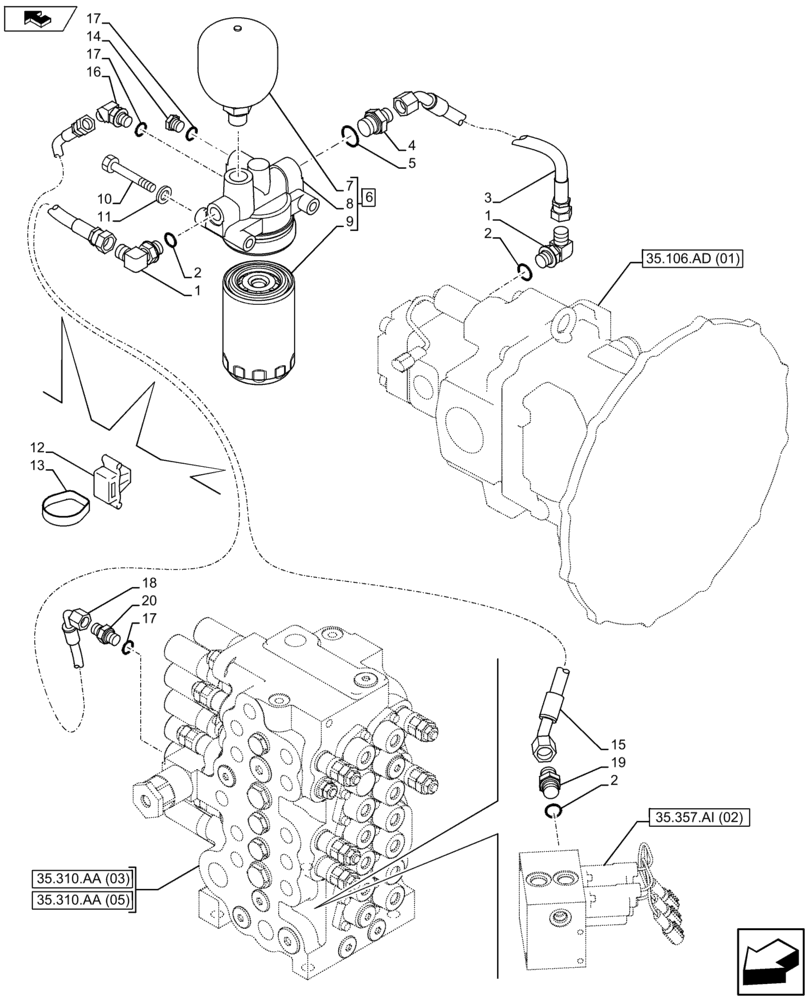 Схема запчастей Case CX75C SR - (35.106.AO[02]) - PUMP OIL LINES AND FITTINGS (35) - HYDRAULIC SYSTEMS