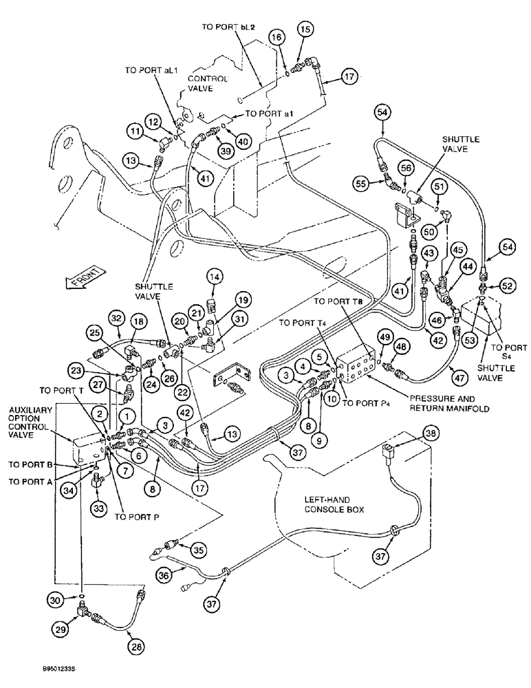 Схема запчастей Case 9020B - (8-086) - DOUBLE ACTION AUXILIARY EQUIPMENT OPTION, PILOT CONTROL LINES (08) - HYDRAULICS