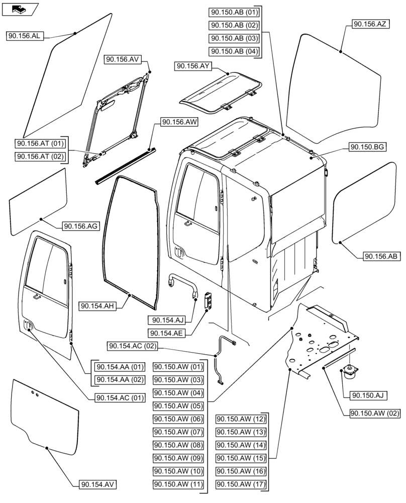 Схема запчастей Case CX75C SR - (90.000.00[03]) - SECTION INDEX - PLATFORM, CAB, BODYWORK AND DECALS (90) - PLATFORM, CAB, BODYWORK AND DECALS